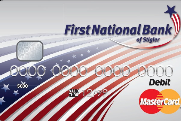 Image of First National Bank of Stigler debit card.